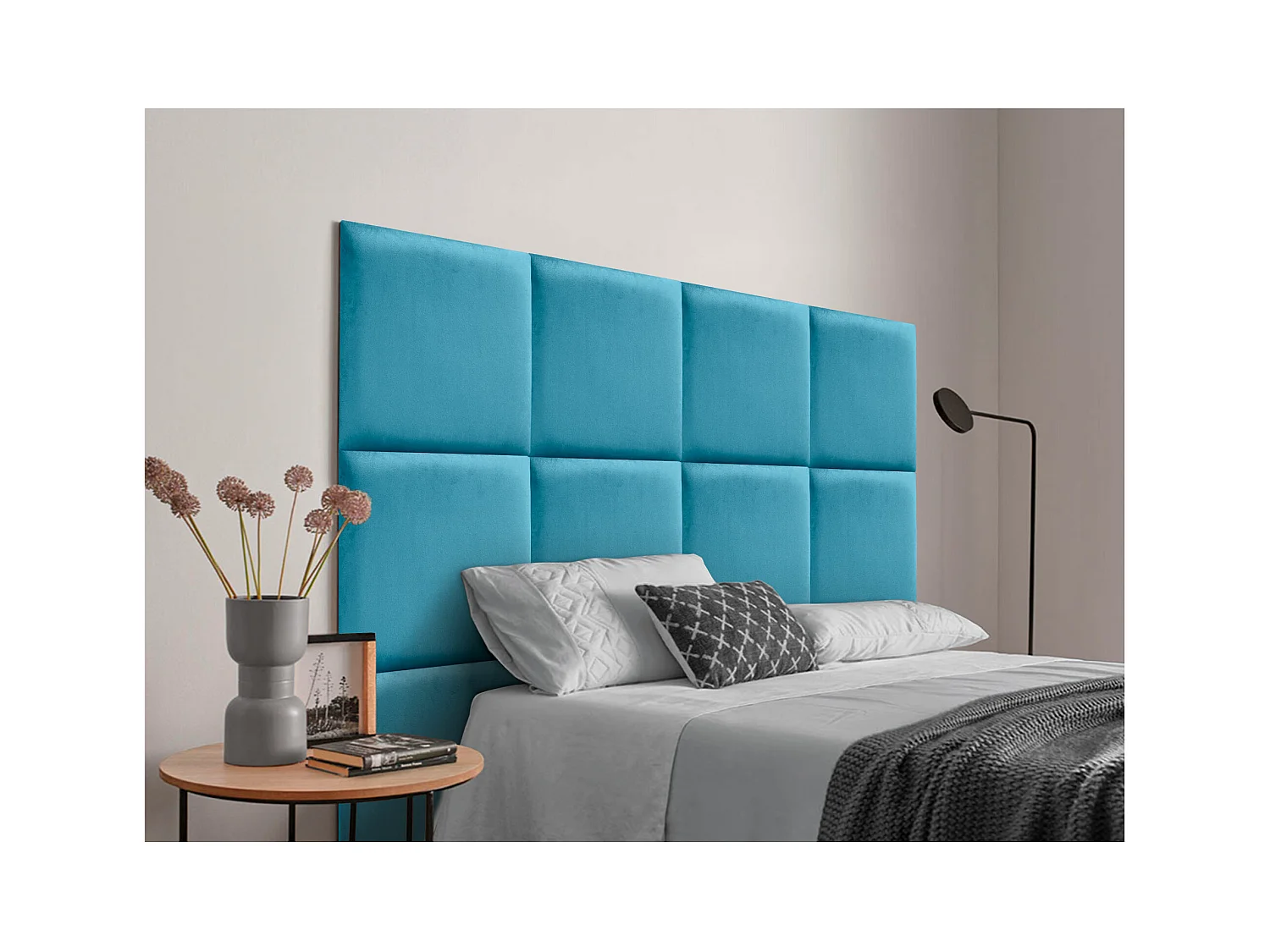 DHOME Testiera imbottita in velluto premium composta da pannelli autoadesivi intercambiabili Camera da letto di lusso (azzurro chiaro, 200 cm)
