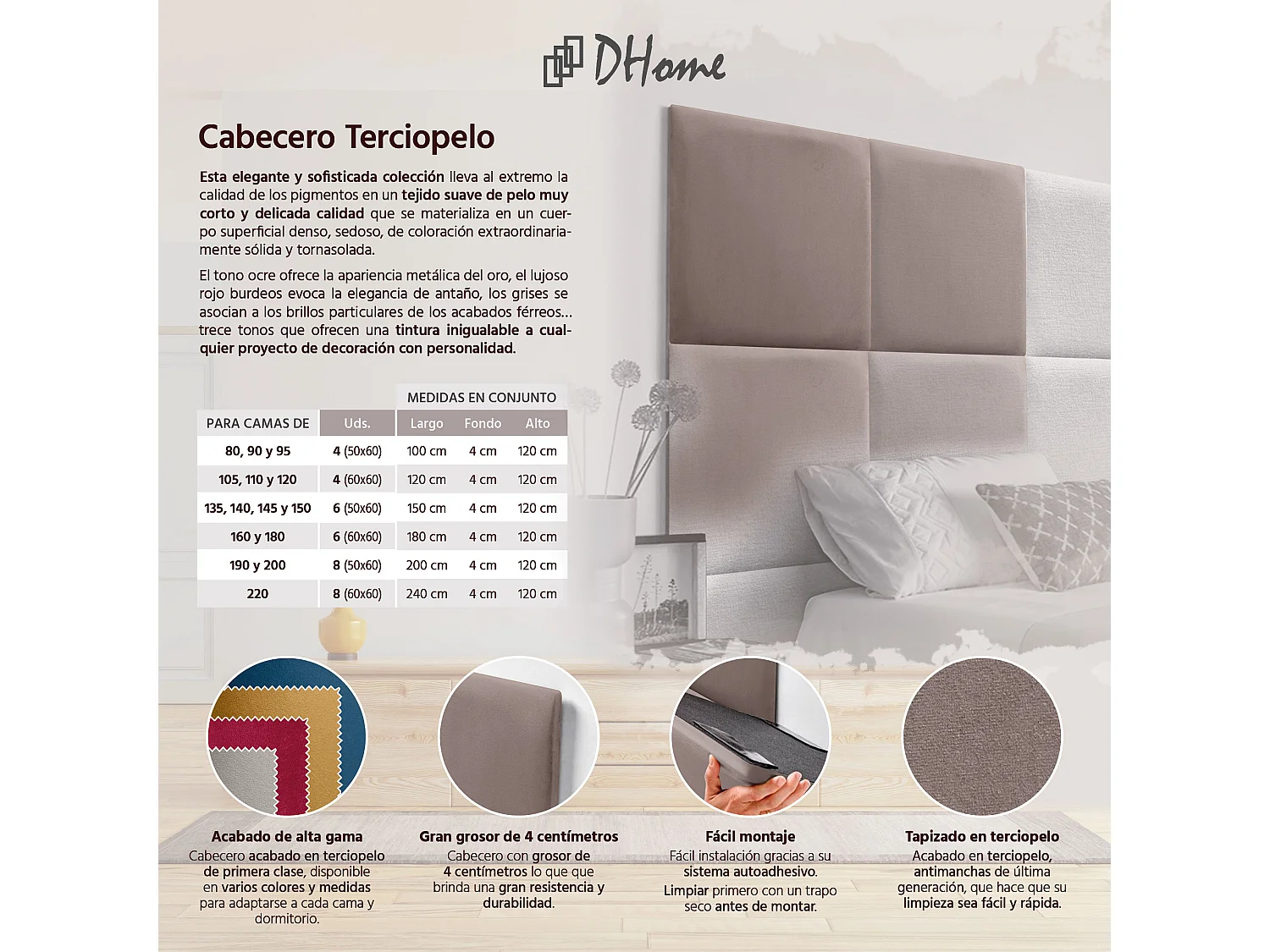 DHOME Premium-Samt-gepolstertes Kopfteil, bestehend aus austauschbaren selbstklebenden Paneelen, luxuriöses Schlafzimmer gepolstert (Braun, 90 cm)