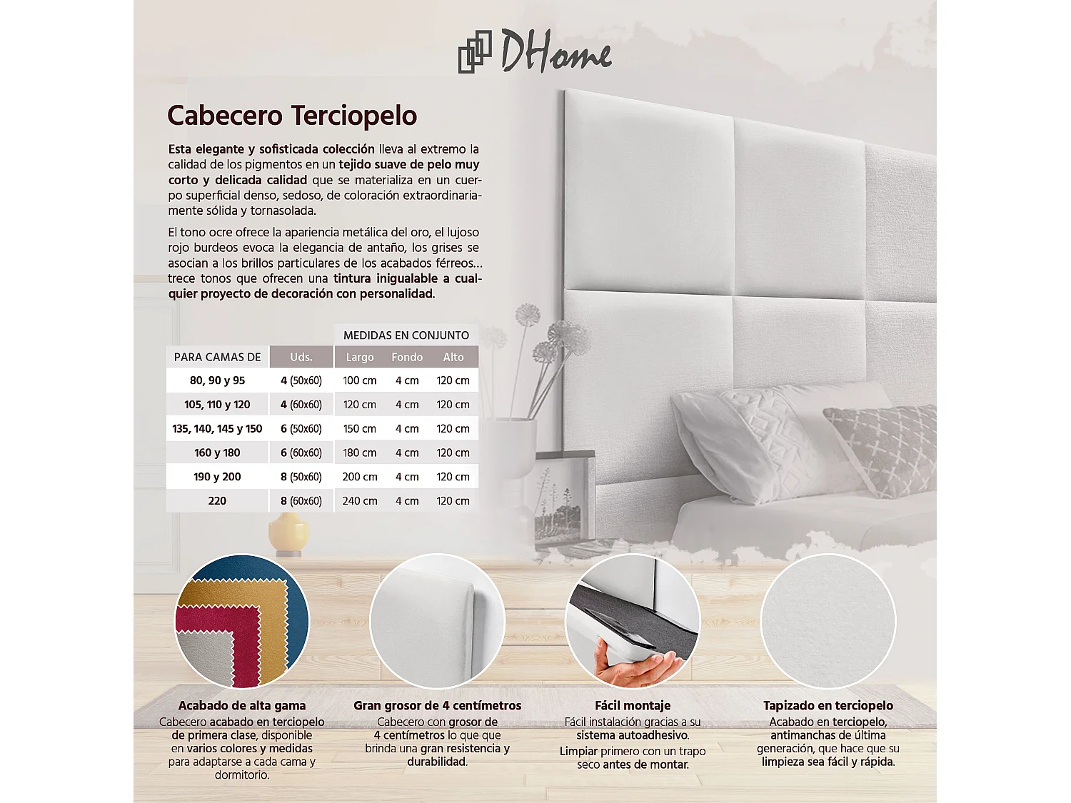 DHOME Premium-Samt-gepolstertes Kopfteil, bestehend aus austauschbaren selbstklebenden Paneelen, luxuriöses gepolstertes Schlafzimmer (weiß, 110 cm)