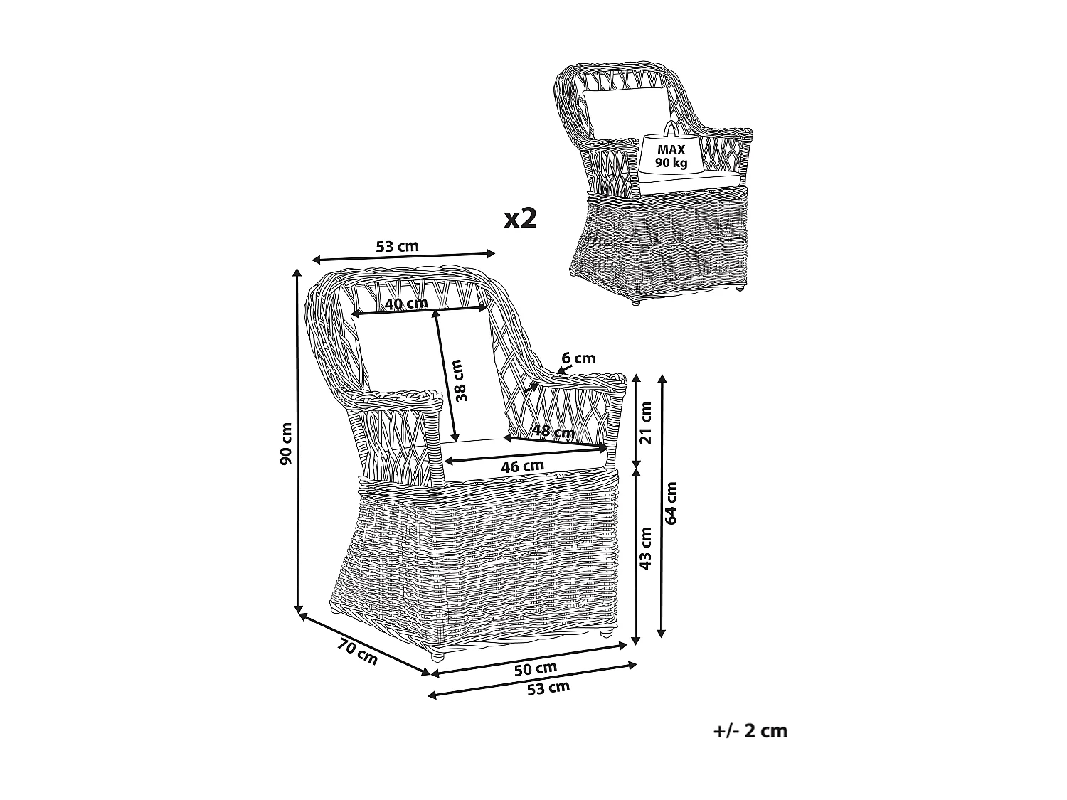 Lot de 2 chaises de jardin en rotin naturel MAROS II