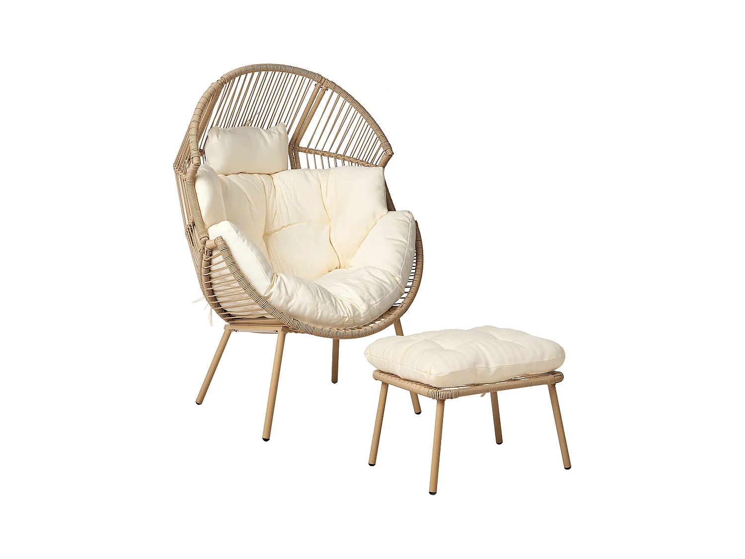 Gartensessel mit Hocker PE Rattan naturfarben Auflagen cremeweiss MURANO