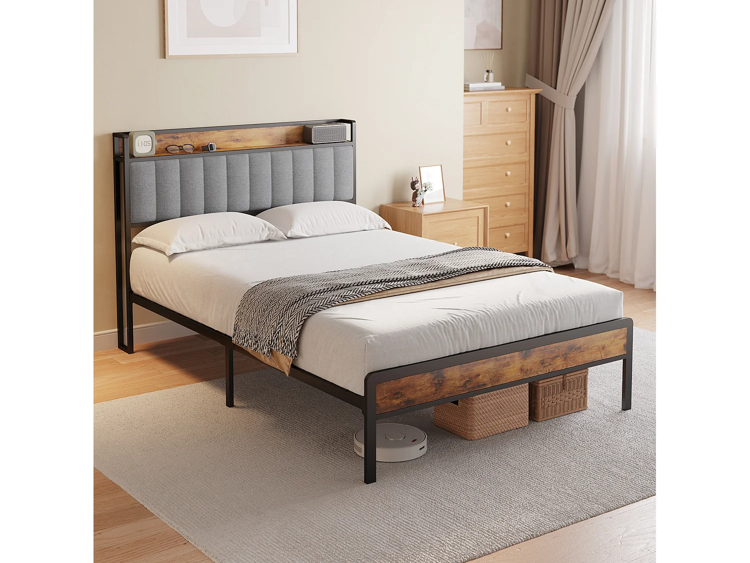 Lit Adulte 140 x 200 en Métal avec Tête de lit Capitonnée en Tissu pour Rangement Lit Double Bealife avec Sommier à Lattes Noir et Gris Clair