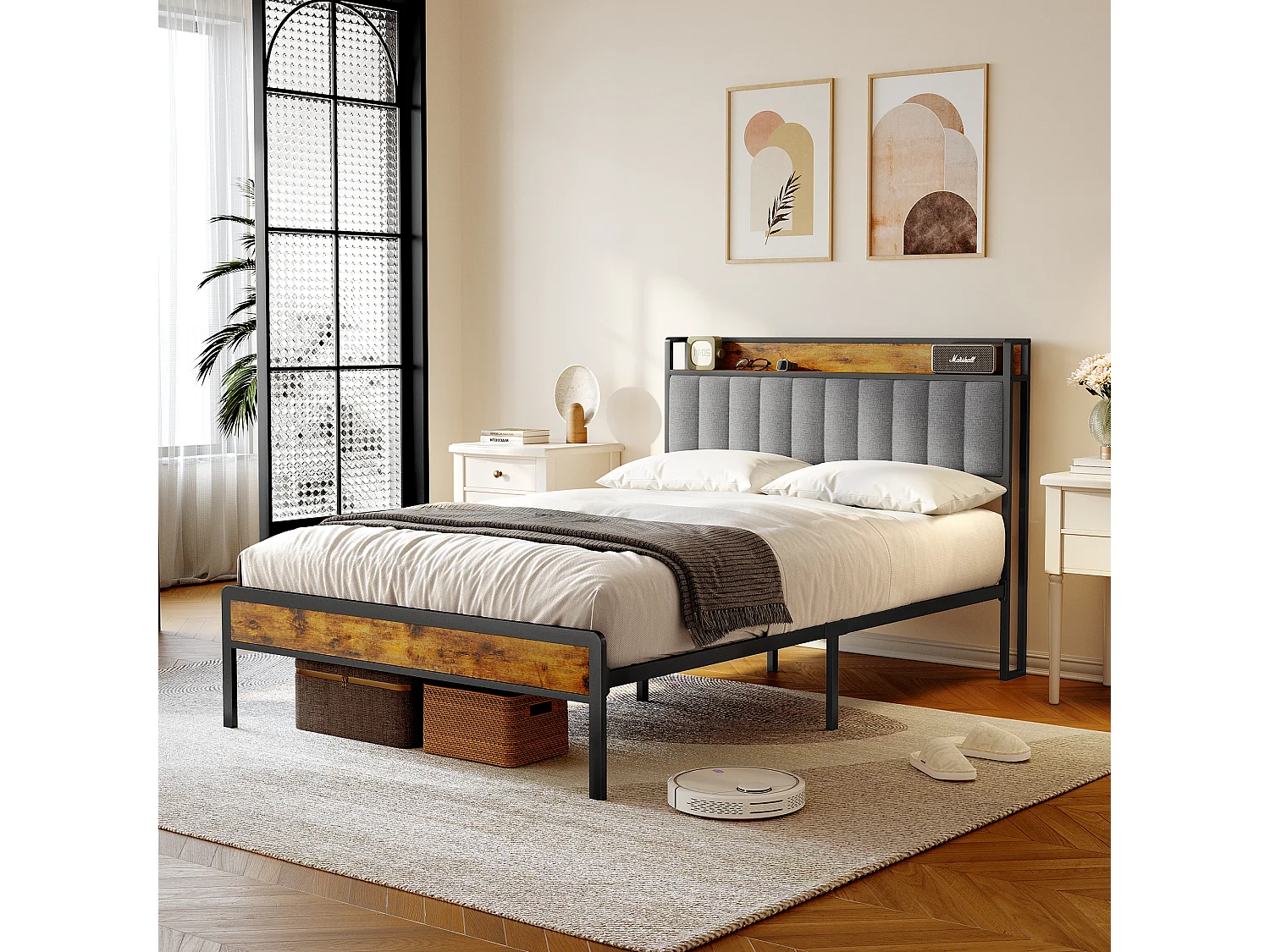 Lit Adulte 140 x 200 en Métal avec Tête de lit Capitonnée en Tissu pour Rangement Lit Double Bealife avec Sommier à Lattes Noir et Gris Clair