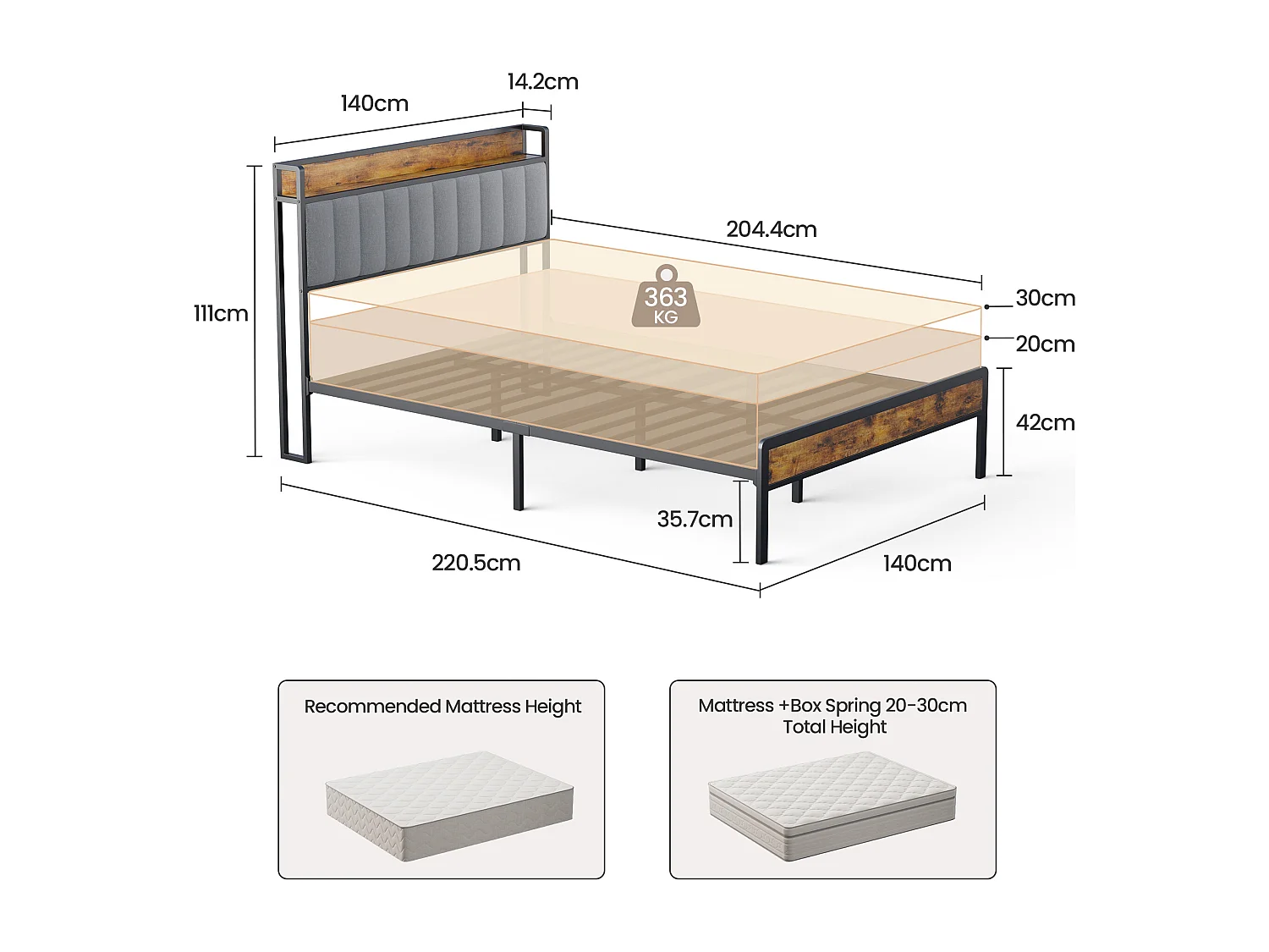 Lit Adulte 140 x 200 en Métal avec Tête de lit Capitonnée en Tissu pour Rangement Lit Double Bealife avec Sommier à Lattes Noir et Gris Clair