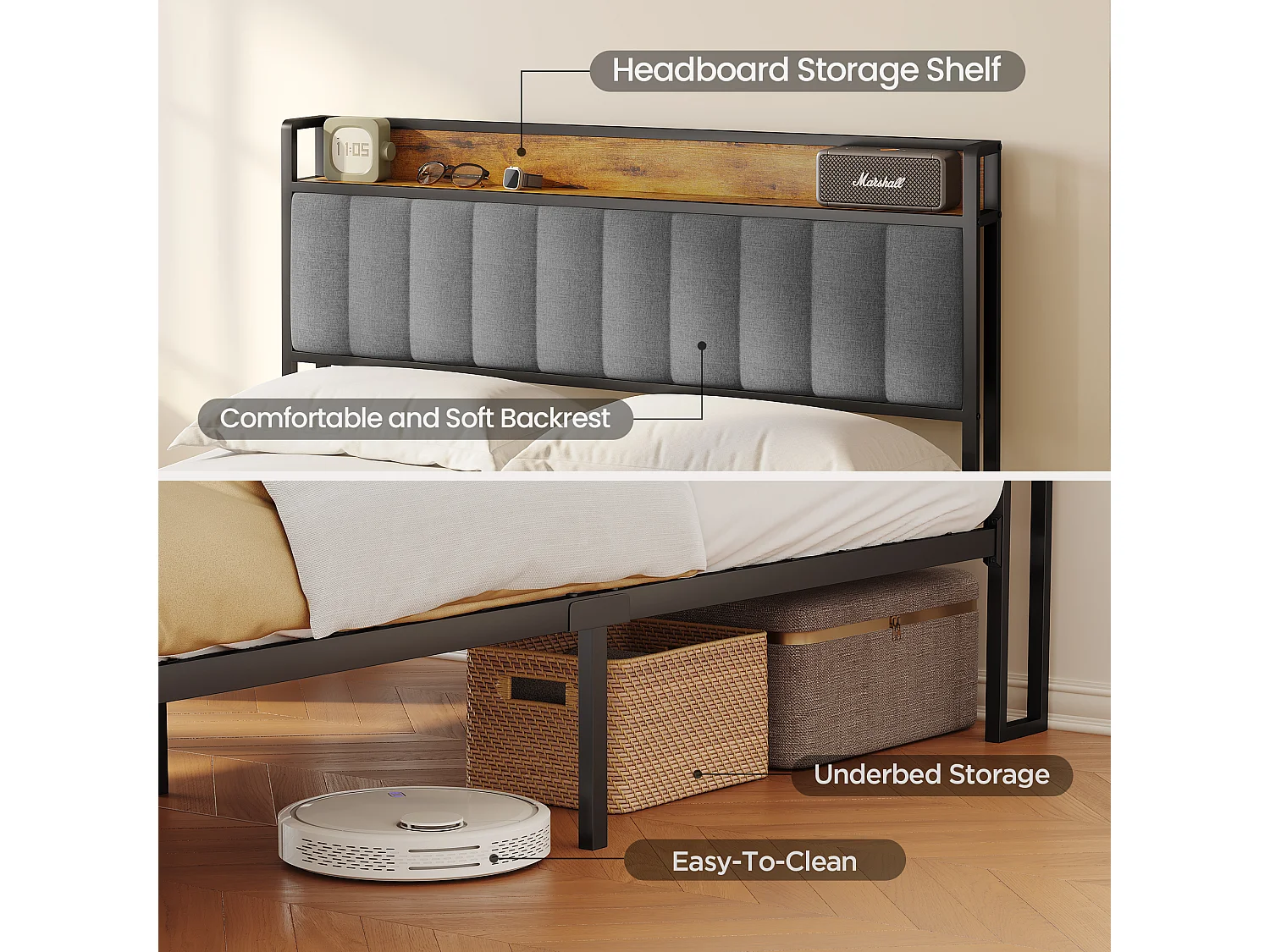 Lit Adulte 140 x 200 en Métal avec Tête de lit Capitonnée en Tissu pour Rangement Lit Double Bealife avec Sommier à Lattes Noir et Gris Clair