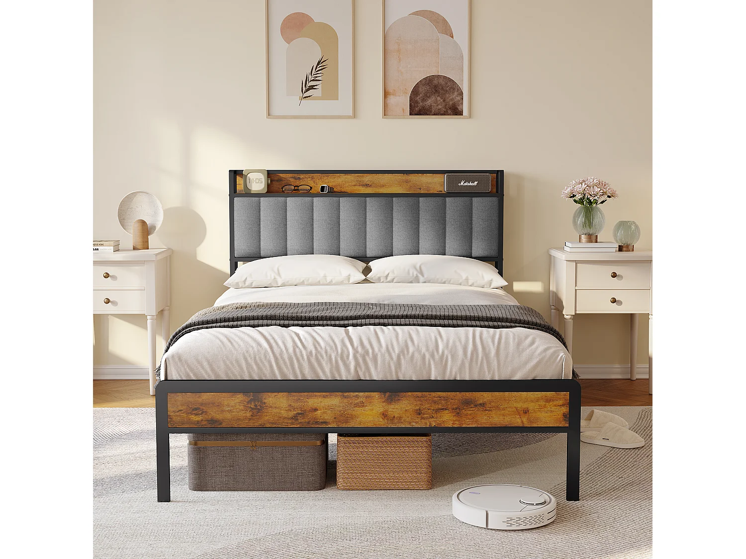 Lit Adulte 140 x 200 en Métal avec Tête de lit Capitonnée en Tissu pour Rangement Lit Double Bealife avec Sommier à Lattes Noir et Gris Clair