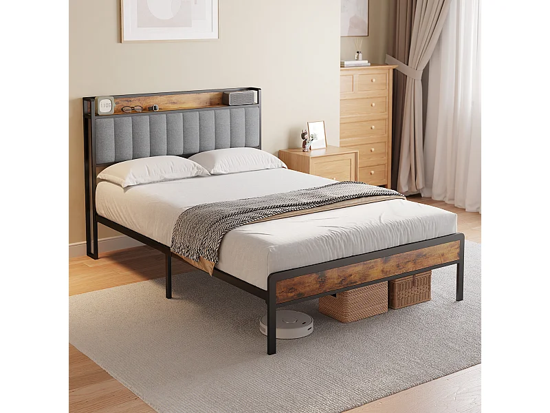 Lit Adulte 140 x 200 en Métal avec Tête de lit Capitonnée en Tissu pour Rangement Lit Double Bealife avec Sommier à Lattes Noir et Gris Clair