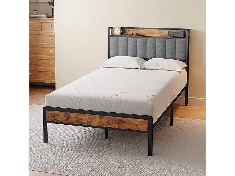 Lit Simple 120 x 200 en Métal avec Tête de lit Capitonnée en Tissu pour Rangement Bealife Sommier à Lattes Lit Enfant Adolescent Noir et Gris Clair