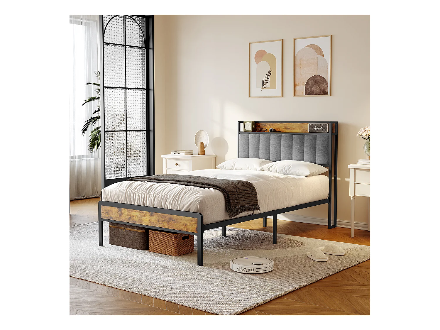 Lit Simple 120 x 200 en Métal avec Tête de lit Capitonnée en Tissu pour Rangement Bealife Sommier à Lattes Lit Enfant Adolescent Noir et Gris Clair