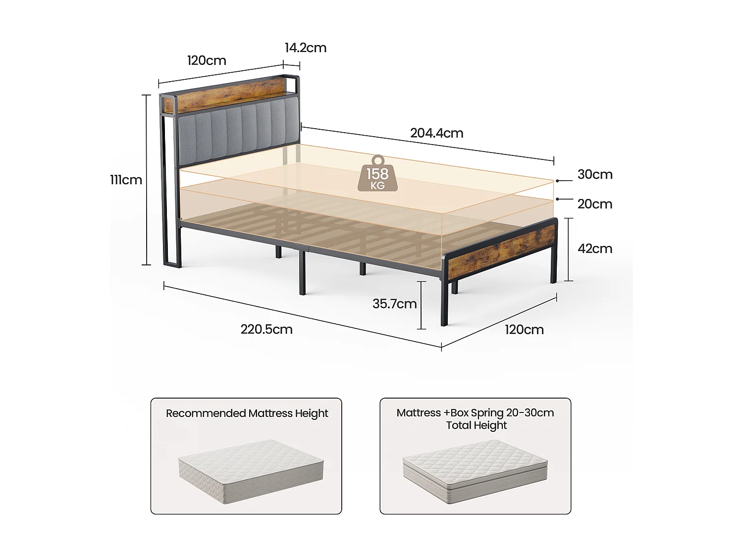 Lit Simple 120 x 200 en Métal avec Tête de lit Capitonnée en Tissu pour Rangement Bealife Sommier à Lattes Lit Enfant Adolescent Noir et Gris Clair