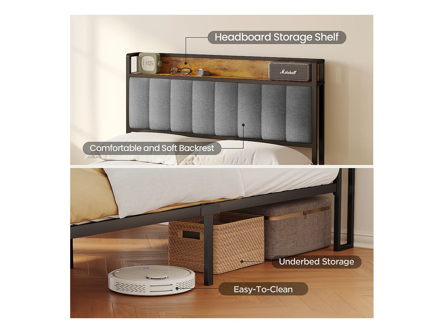 Lit Simple 120 x 200 en Métal avec Tête de lit Capitonnée en Tissu pour Rangement Bealife Sommier à Lattes Lit Enfant Adolescent Noir et Gris Clair