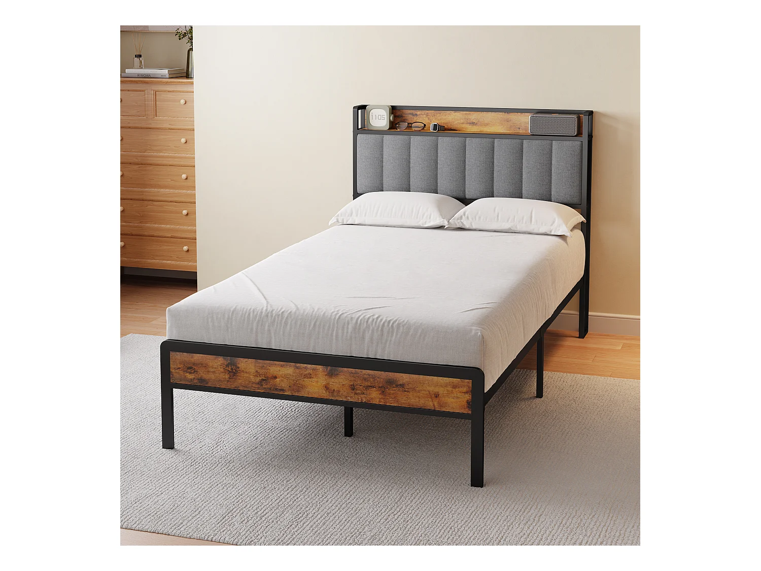 Lit Simple 120 x 200 en Métal avec Tête de lit Capitonnée en Tissu pour Rangement Bealife Sommier à Lattes Lit Enfant Adolescent Noir et Gris Clair