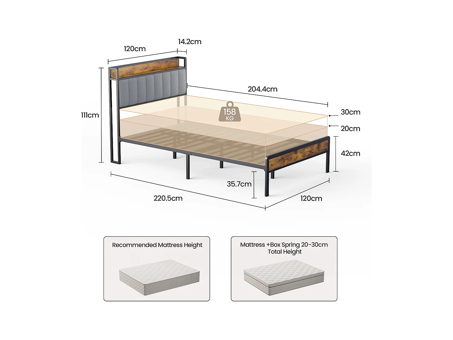 Lit Simple 120 x 200 en Métal avec Tête de lit Capitonnée en Tissu pour Rangement Bealife Sommier à Lattes Lit Enfant Adolescent Noir et Gris Clair