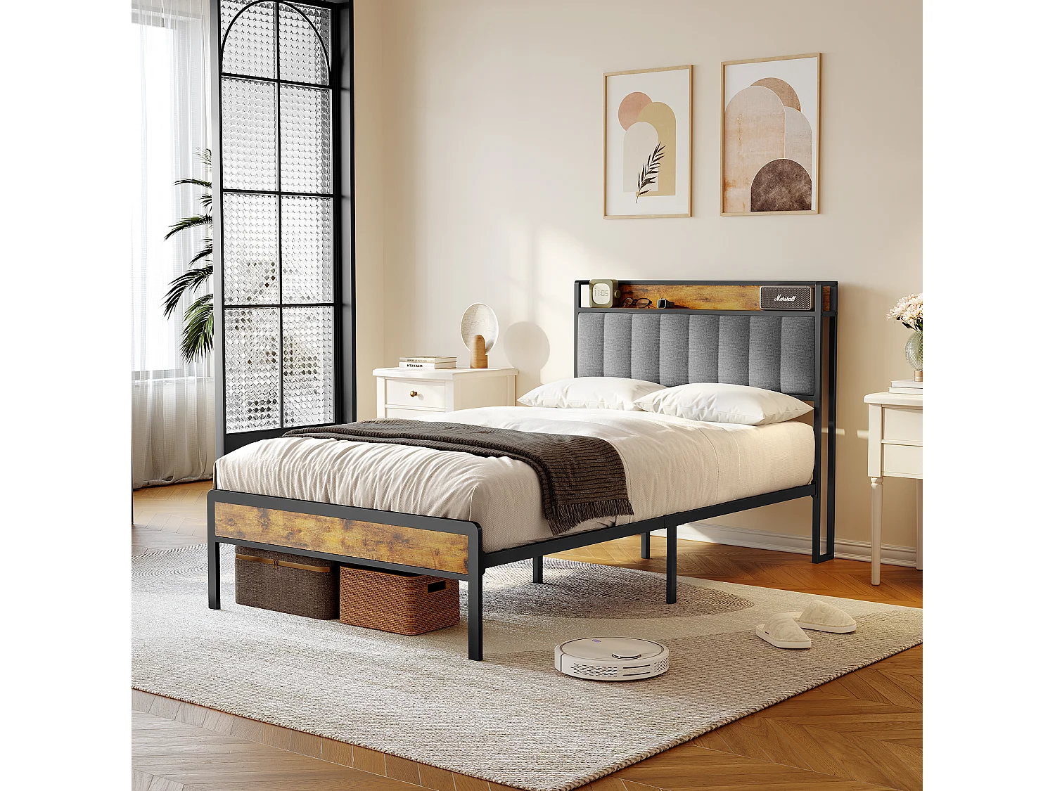 Bealife 120 x 200 cm metalen enkelbed met bekapte linnen hoofdkussen voor opbergen, lattenbodem, geschikt voor kinderen en adolescenten, zwart en lichtgrijs