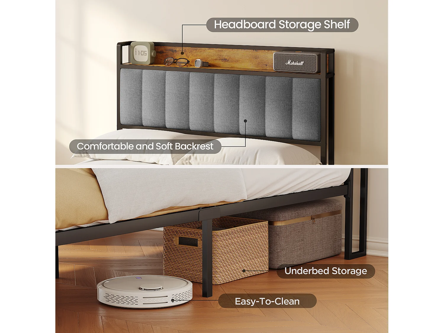 Bealife 120 x 200 cm metalen enkelbed met bekapte linnen hoofdkussen voor opbergen, lattenbodem, geschikt voor kinderen en adolescenten, zwart en lichtgrijs