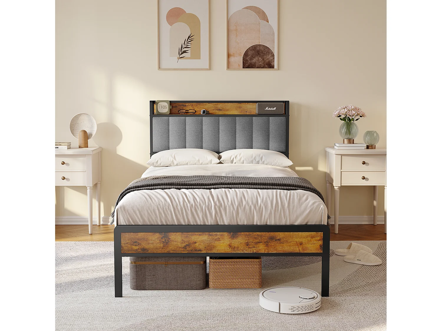 Bealife 120 x 200 cm metalen enkelbed met bekapte linnen hoofdkussen voor opbergen, lattenbodem, geschikt voor kinderen en adolescenten, zwart en lichtgrijs