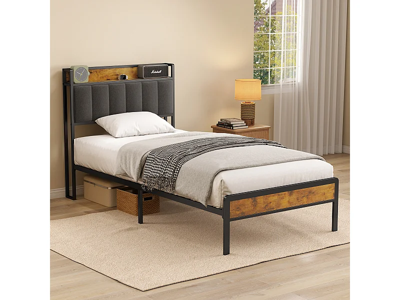 Lit Simple 90 x 200 en Métal avec Tête de lit Capitonnée en Tissu pour Rangement Bealife Sommier à Lattes Lit Enfant Adolescent Noir et Gris Foncé