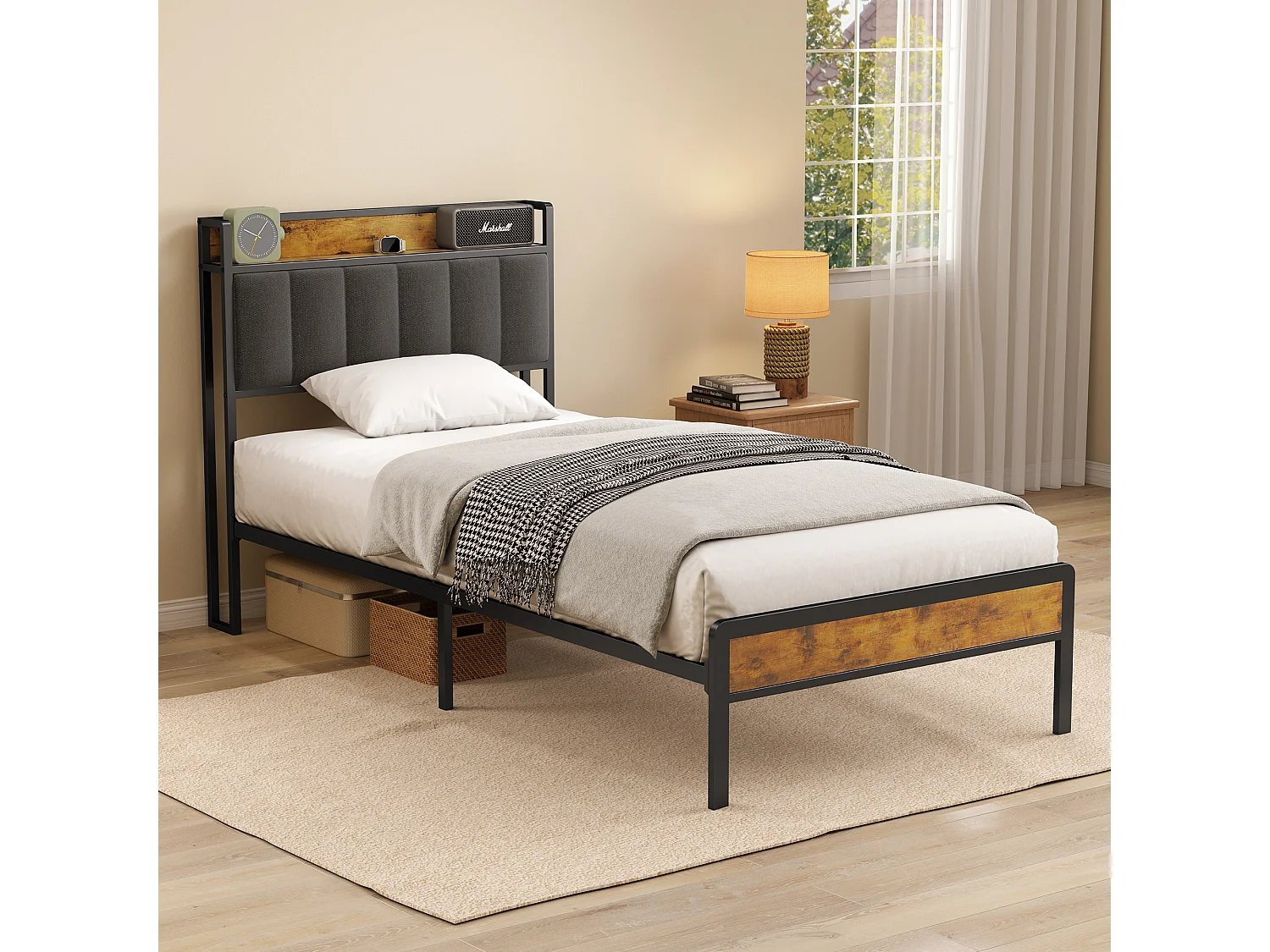 Lit Simple 90 x 200 en Métal avec Tête de lit Capitonnée en Tissu pour Rangement Bealife Sommier à Lattes Lit Enfant Adolescent Noir et Gris Foncé