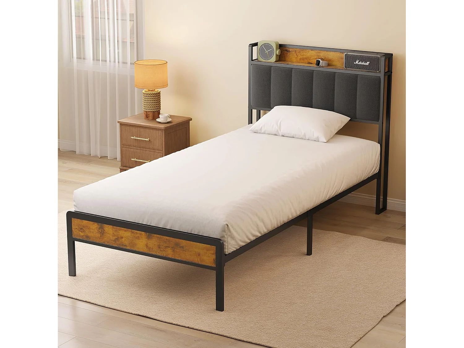 Lit Simple 90 x 200 en Métal avec Tête de lit Capitonnée en Tissu pour Rangement Bealife Sommier à Lattes Lit Enfant Adolescent Noir et Gris Foncé