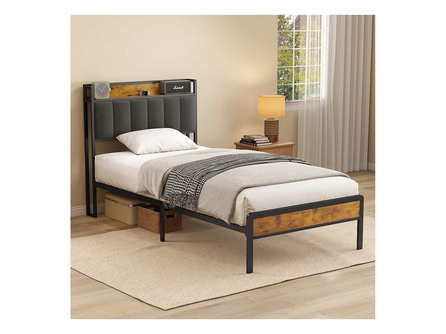 Lit Simple 90 x 200 en Métal avec Tête de lit Capitonnée en Tissu pour Rangement Bealife Sommier à Lattes Lit Enfant Adolescent Noir et Gris Foncé