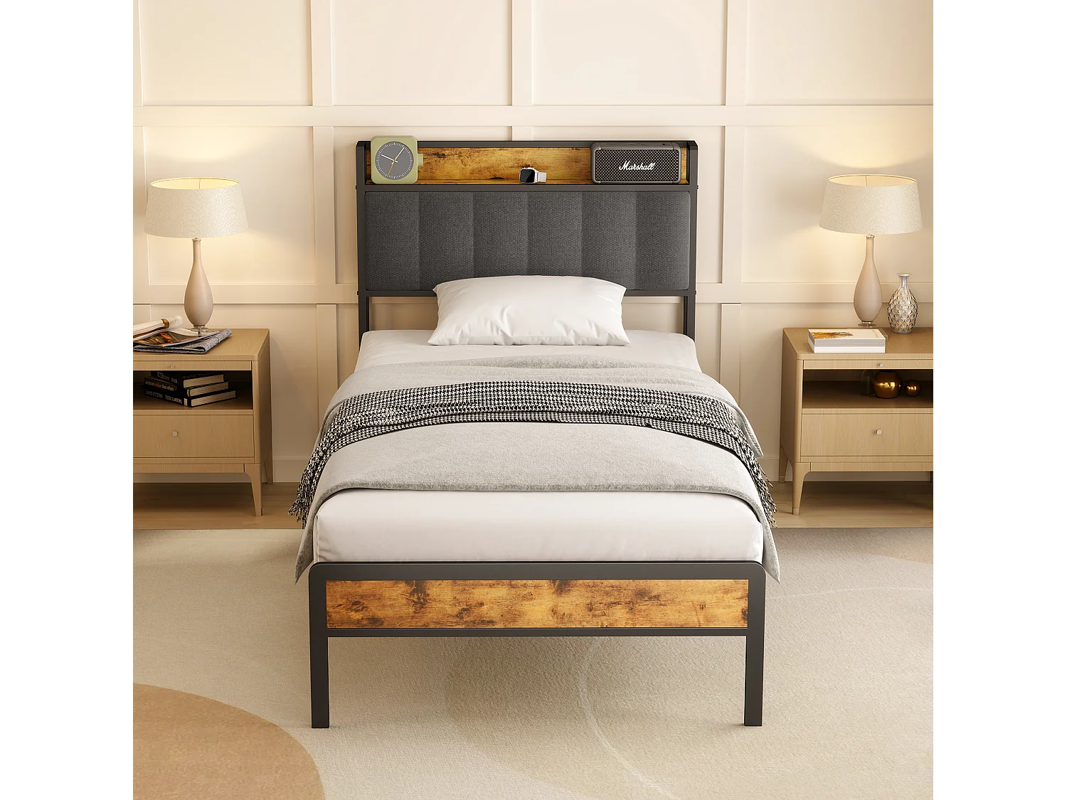 Lit Simple 90 x 200 en Métal avec Tête de lit Capitonnée en Tissu pour Rangement Bealife Sommier à Lattes Lit Enfant Adolescent Noir et Gris Foncé