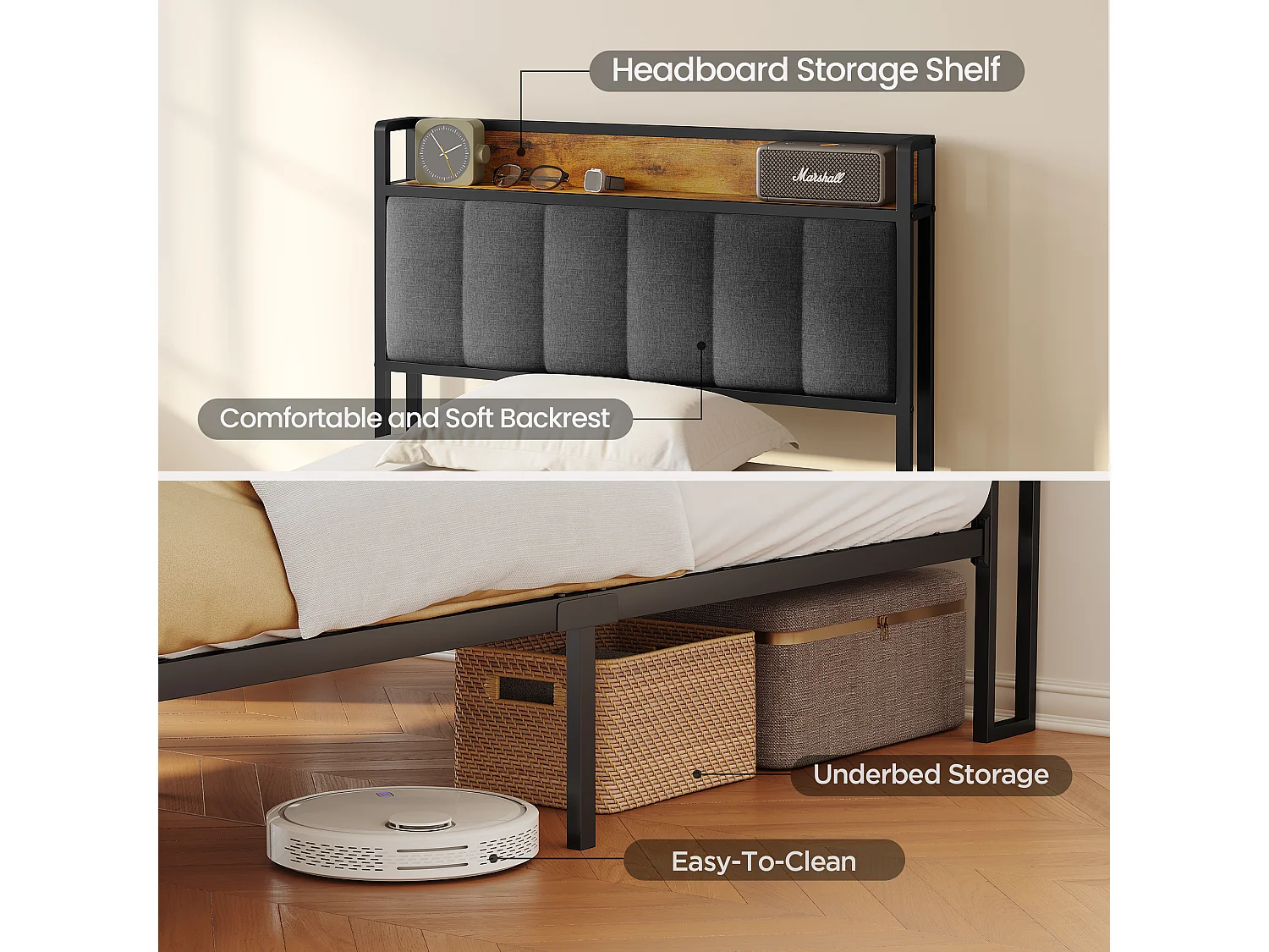 Lit Simple 90 x 200 en Métal avec Tête de lit Capitonnée en Tissu pour Rangement Bealife Sommier à Lattes Lit Enfant Adolescent Noir et Gris Foncé