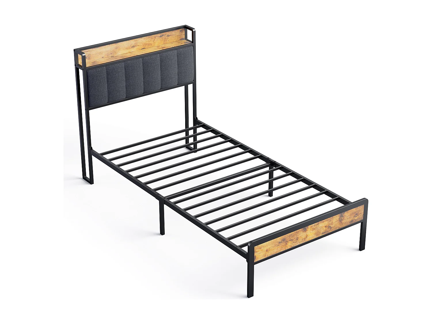 Lit Simple 90 x 200 en Métal avec Tête de lit Capitonnée en Tissu pour Rangement Bealife Sommier à Lattes Lit Enfant Adolescent Noir et Gris Foncé