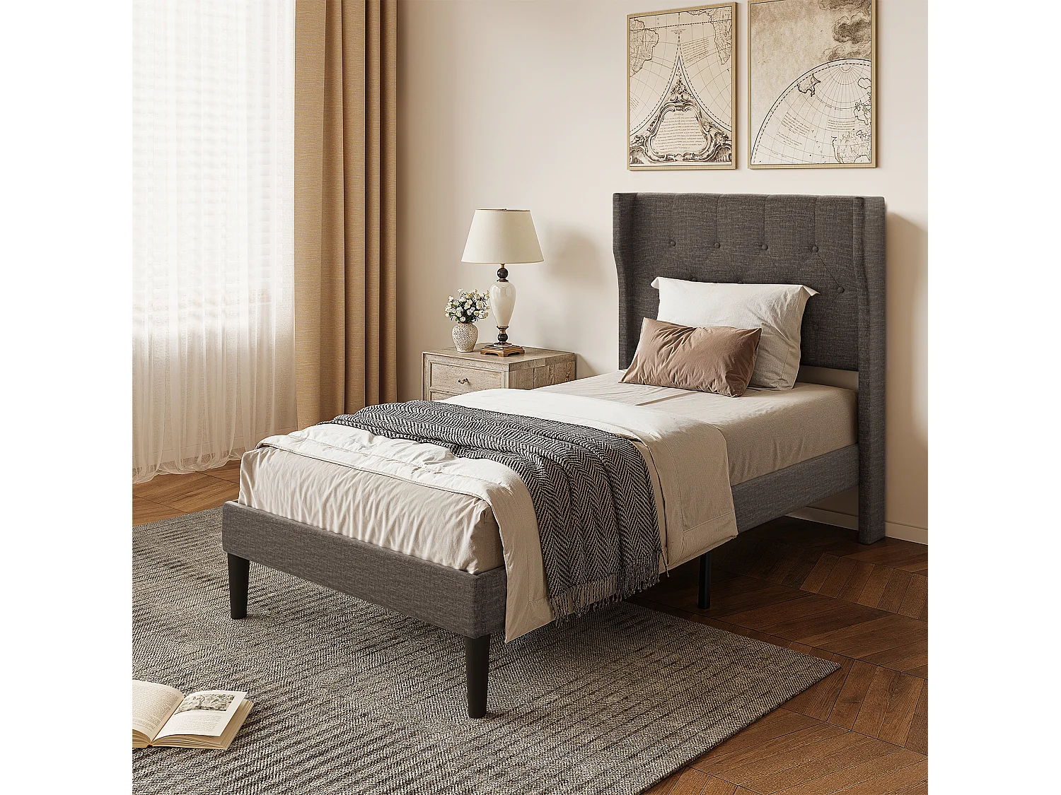 Bealife 90 x 200 cm enkelbed, bedframe, beukenlattenbodem, 20 cm opbergruimte, donkergrijs