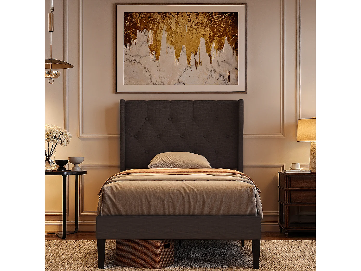 Bealife 90 x 200 cm enkelbed, bedframe, beukenlattenbodem, 20 cm opbergruimte, donkergrijs