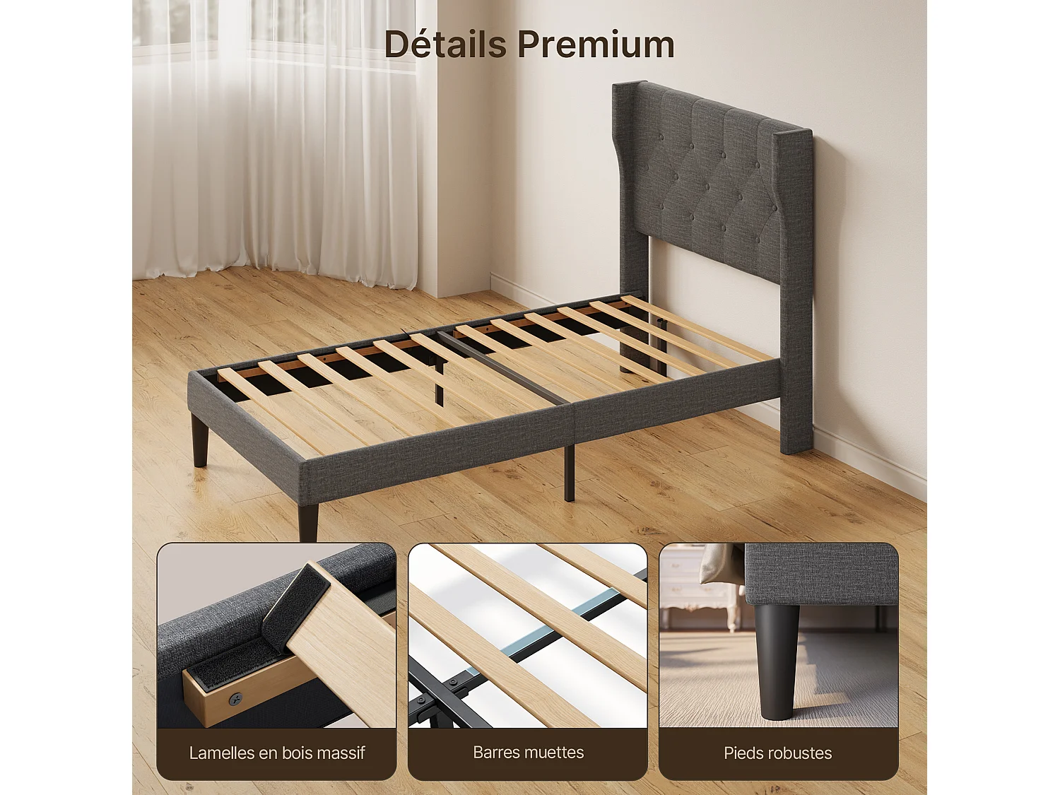 Bealife 90 x 200 cm enkelbed, bedframe, beukenlattenbodem, 20 cm opbergruimte, donkergrijs