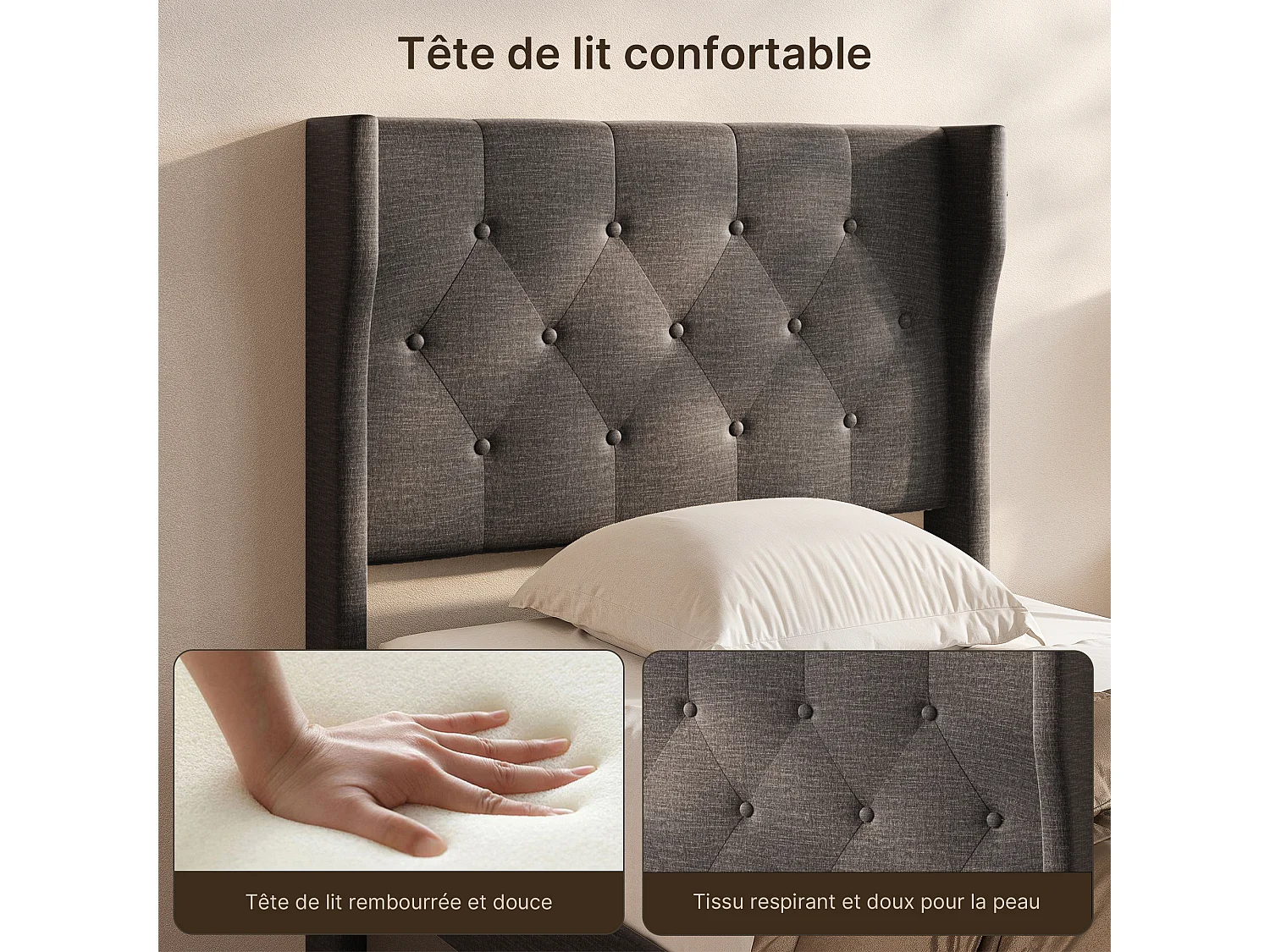 Bealife Lit 90 x 200 cm Lit Simple Structure de Lit Lit Rembourré Lattes en Bois de Spin 20 cm de Rangement Gris Foncé