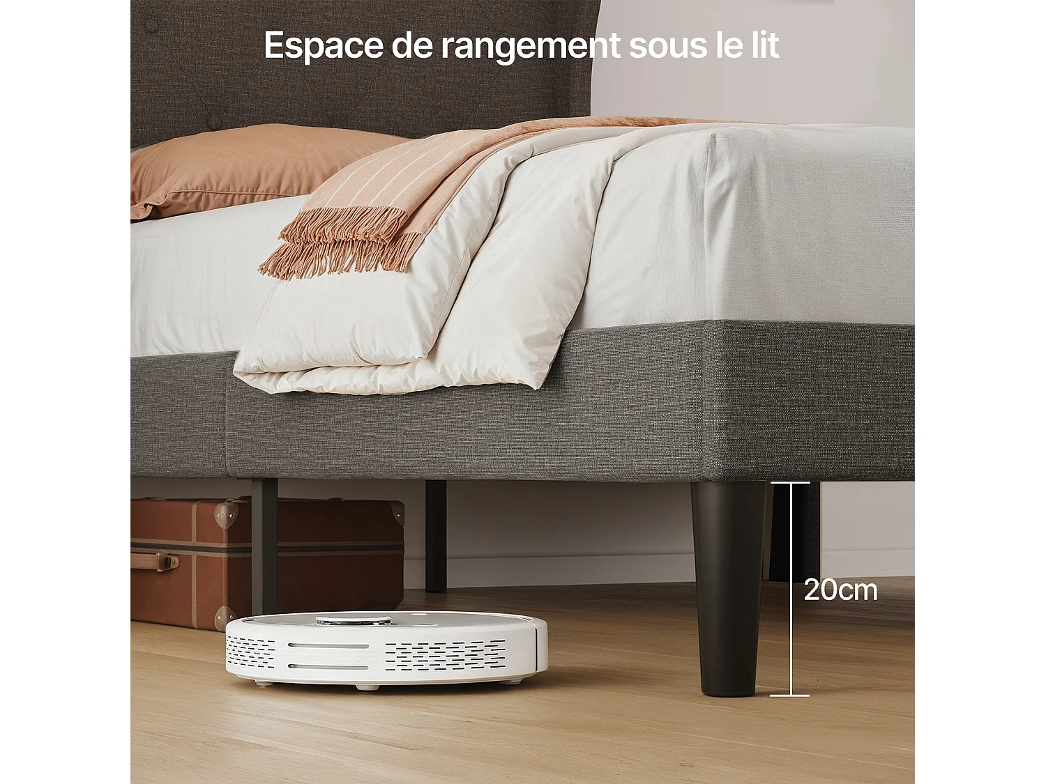 Bealife Lit 90 x 200 cm Lit Simple Structure de Lit Lit Rembourré Lattes en Bois de Spin 20 cm de Rangement Gris Foncé