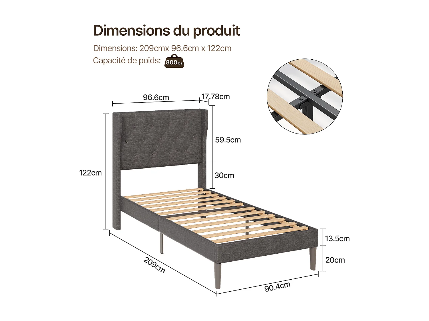 Bealife Lit 90 x 200 cm Lit Simple Structure de Lit Lit Rembourré Lattes en Bois de Spin 20 cm de Rangement Gris Foncé
