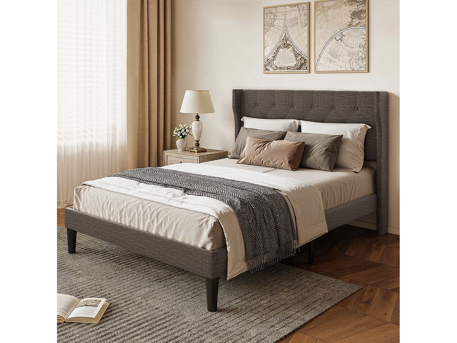 Bealife Lit 140 x 200 cm Lit Simple Structure de Lit Lit Rembourré Lattes en Bois de Spin 20 cm de Rangement Gris Foncé