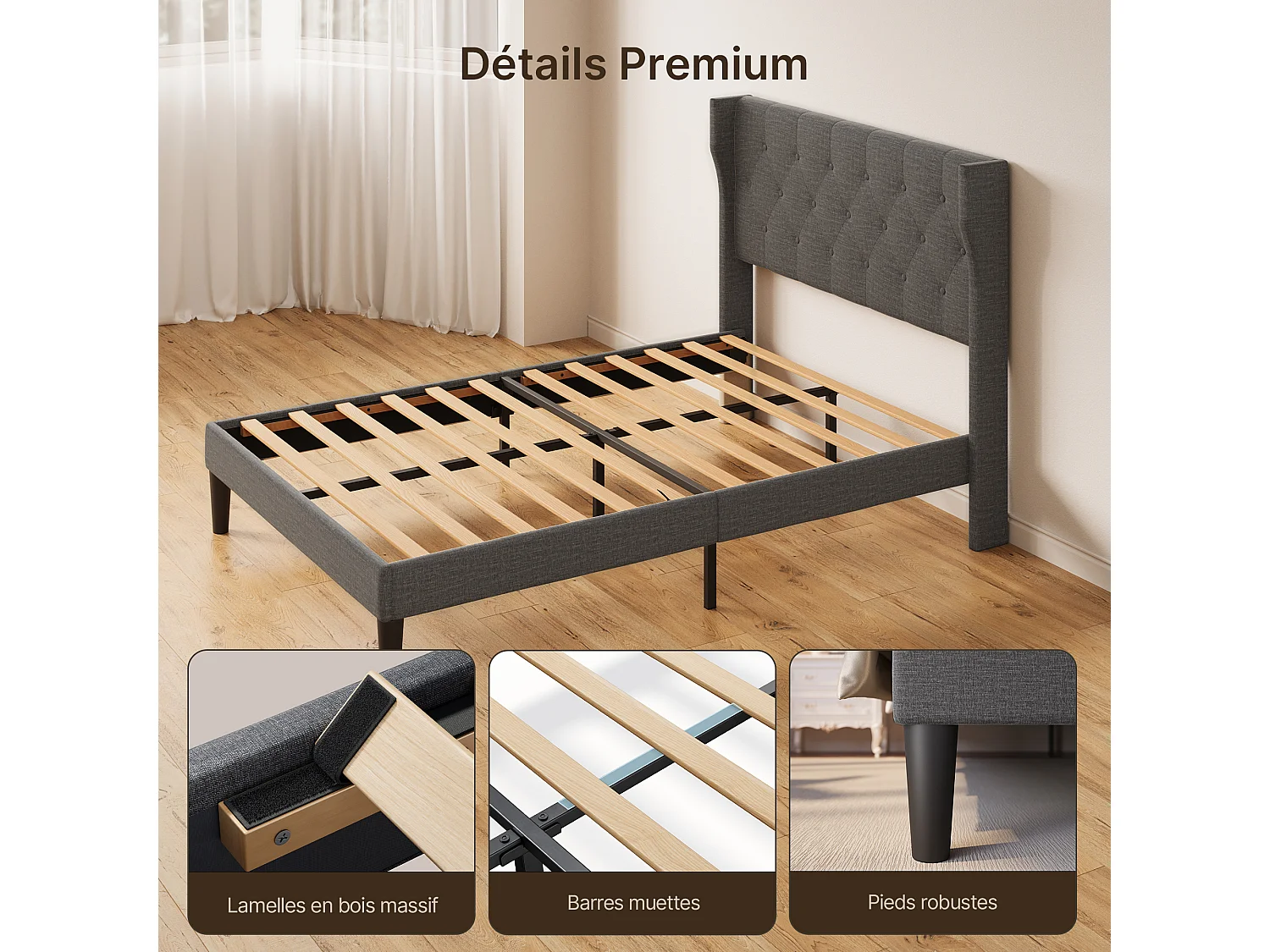 Bealife Lit 140 x 200 cm Lit Simple Structure de Lit Lit Rembourré Lattes en Bois de Spin 20 cm de Rangement Gris Foncé