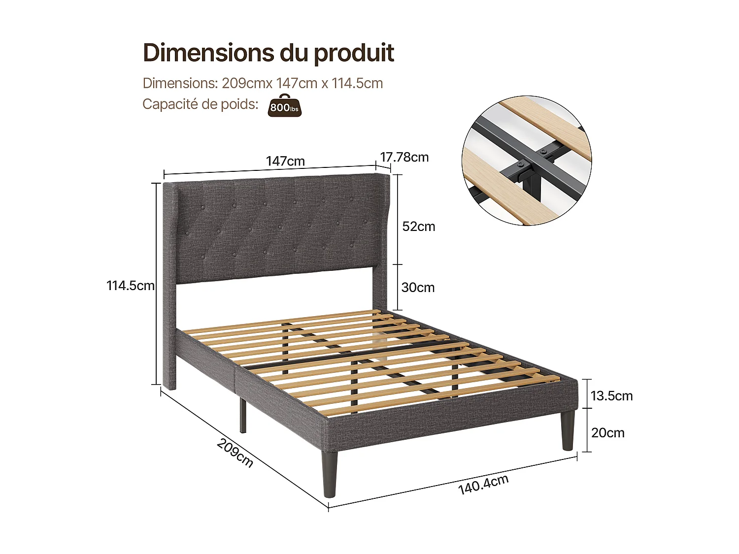Bealife Lit 140 x 200 cm Lit Simple Structure de Lit Lit Rembourré Lattes en Bois de Spin 20 cm de Rangement Gris Foncé