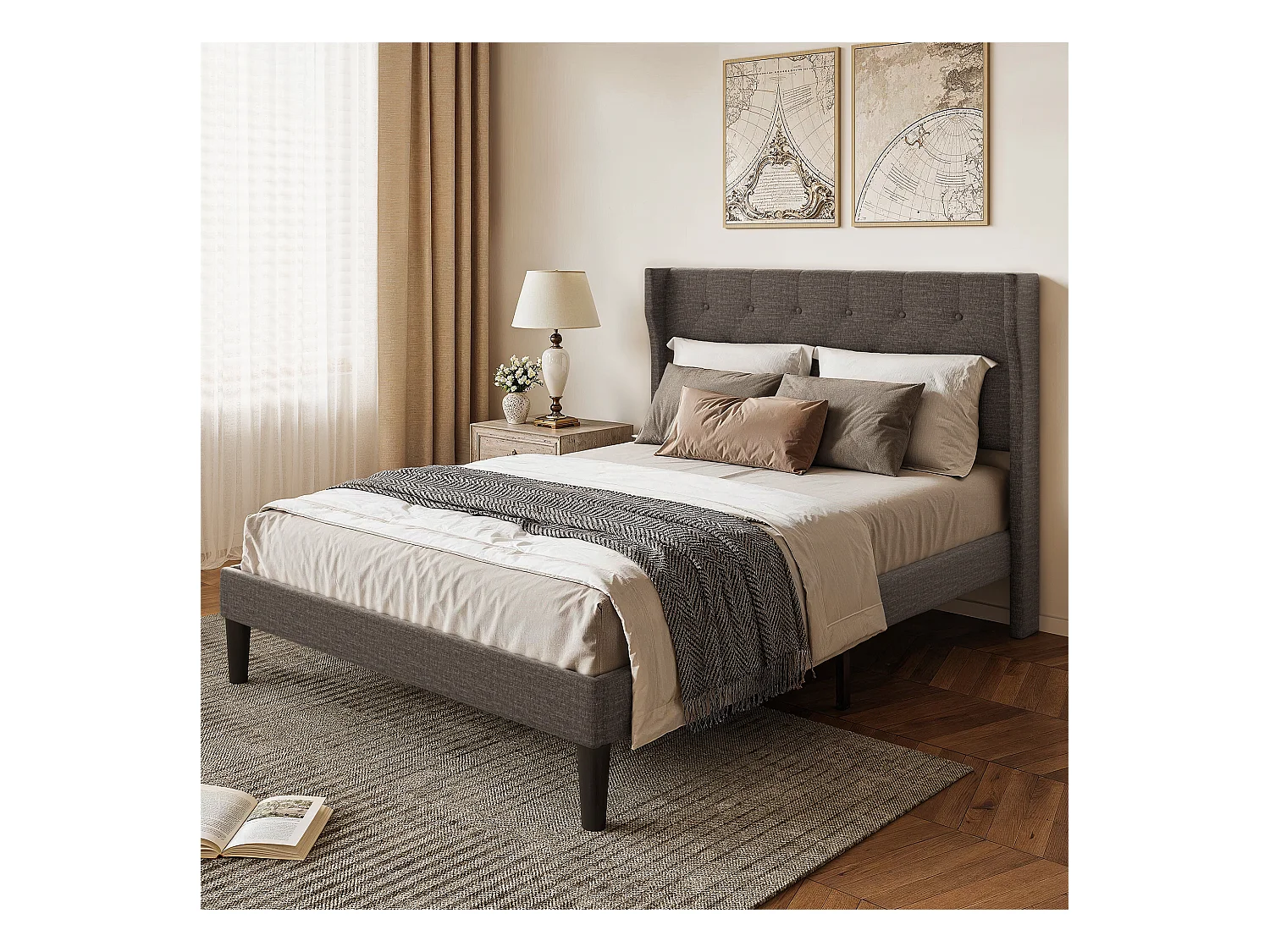 Bealife Lit 140 x 200 cm Lit Simple Structure de Lit Lit Rembourré Lattes en Bois de Spin 20 cm de Rangement Gris Foncé