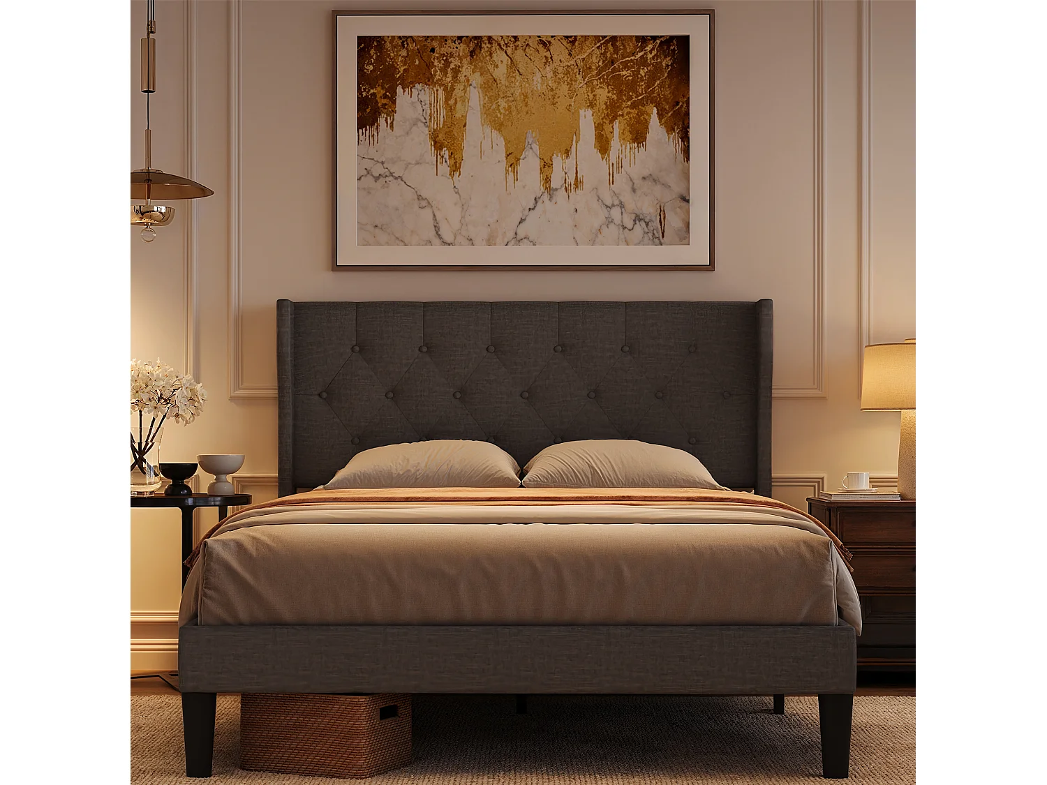 Bealife Lit 140 x 200 cm Lit Simple Structure de Lit Lit Rembourré Lattes en Bois de Spin 20 cm de Rangement Gris Foncé