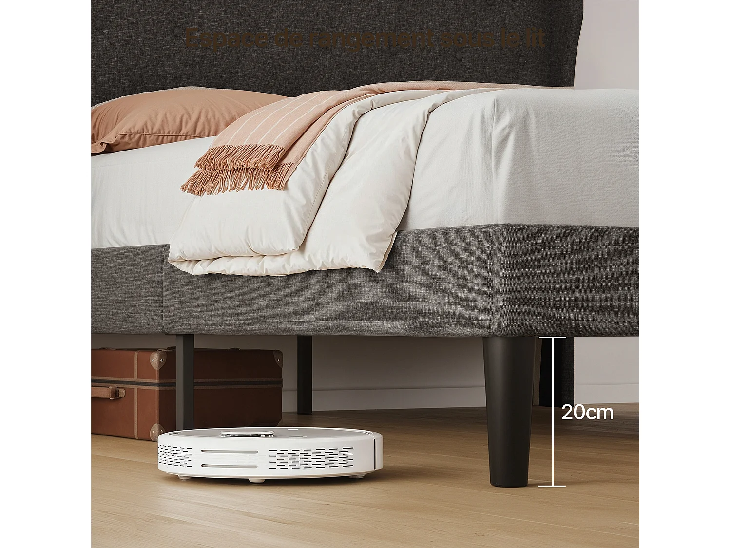 Bealife Lit 140 x 200 cm Lit Simple Structure de Lit Lit Rembourré Lattes en Bois de Spin 20 cm de Rangement Gris Foncé