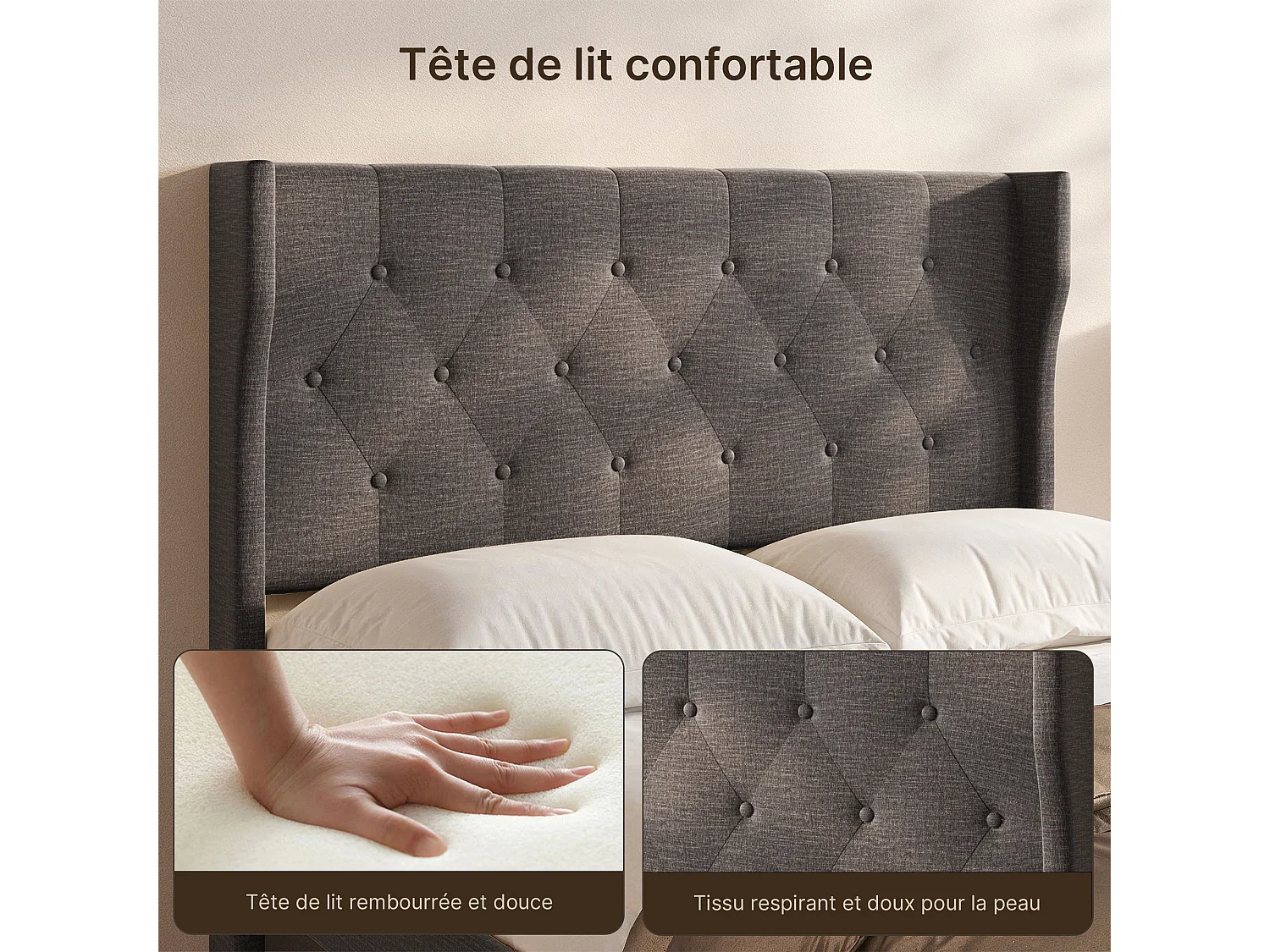 Bealife Lit 140 x 200 cm Lit Simple Structure de Lit Lit Rembourré Lattes en Bois de Spin 20 cm de Rangement Gris Foncé