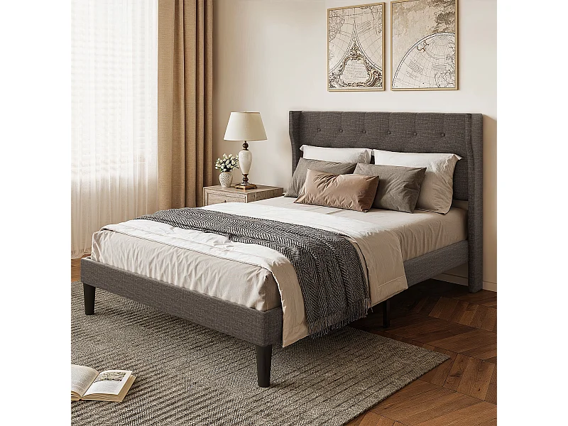 Bealife Lit 140 x 200 cm Lit Simple Structure de Lit Lit Rembourré Lattes en Bois de Spin 20 cm de Rangement Gris Foncé