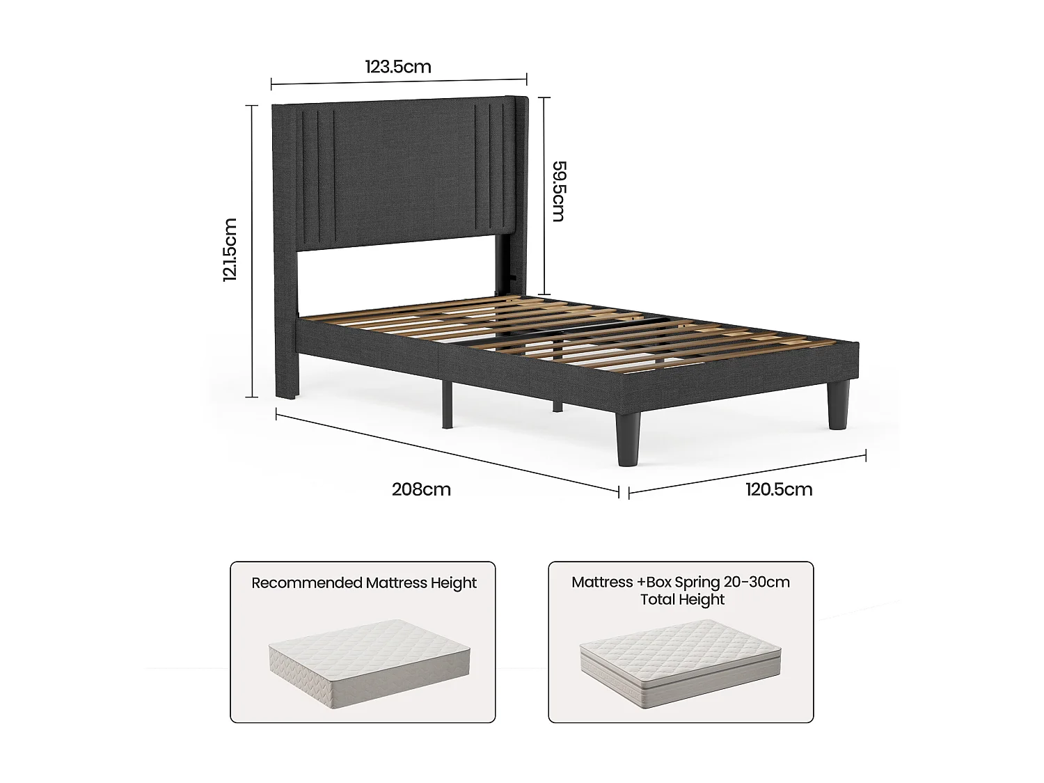 Lit Simple Capitonné 120 x 200 cm avec Tête de Lit pour Rangement Bealife Sommier à Lattes Tissu en Lin Lit Enfant Adolescent Gris Foncé