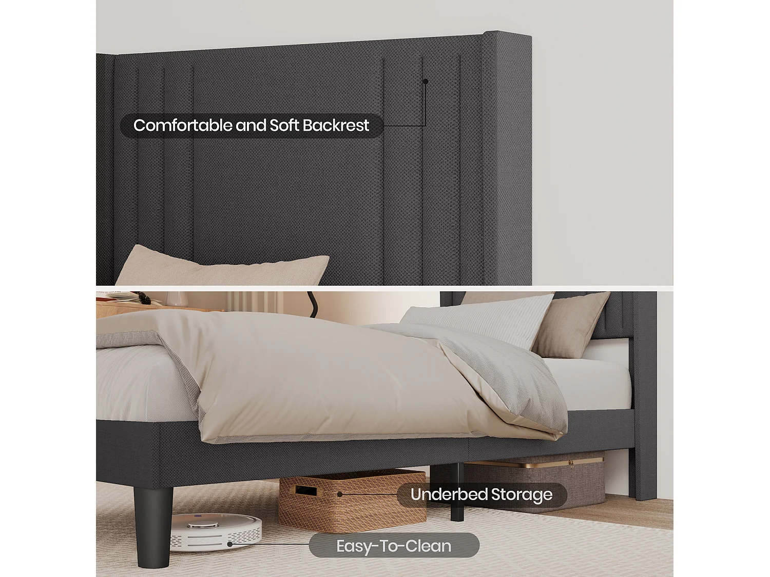 Lit Simple Capitonné 120 x 200 cm avec Tête de Lit pour Rangement Bealife Sommier à Lattes Tissu en Lin Lit Enfant Adolescent Gris Foncé