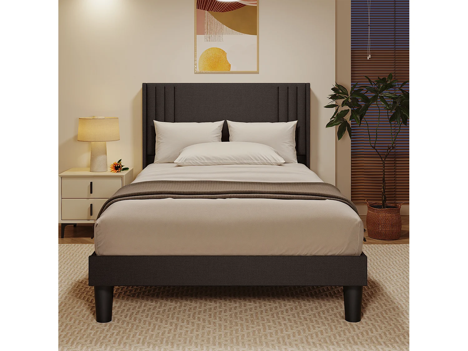 Lit Simple Capitonné 120 x 200 cm avec Tête de Lit pour Rangement Bealife Sommier à Lattes Tissu en Lin Lit Enfant Adolescent Gris Foncé