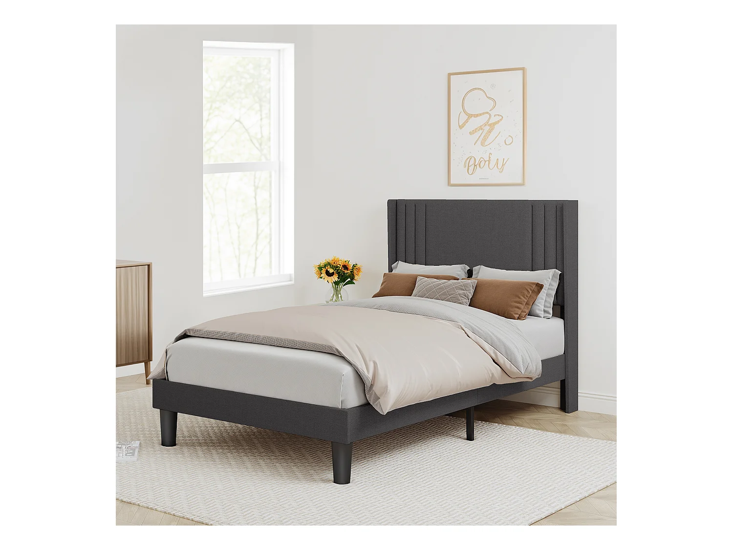Bealife 120 x 200 cm bekapte enkelbed met hoofdkussen voor opbergen, lattenbodem, linnen bekleding, geschikt voor kinderen en adolescenten, donkergrijs