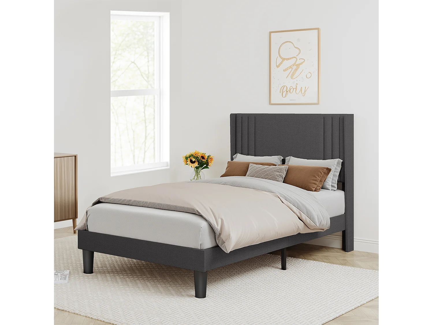 Lit Simple Capitonné 120 x 200 cm avec Tête de Lit pour Rangement Bealife Sommier à Lattes Tissu en Lin Lit Enfant Adolescent Gris Foncé