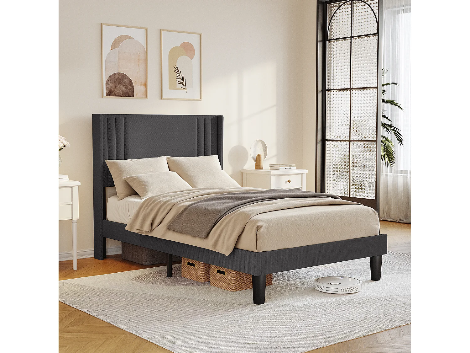 Lit Simple Capitonné 120 x 200 cm avec Tête de Lit pour Rangement Bealife Sommier à Lattes Tissu en Lin Lit Enfant Adolescent Gris Foncé