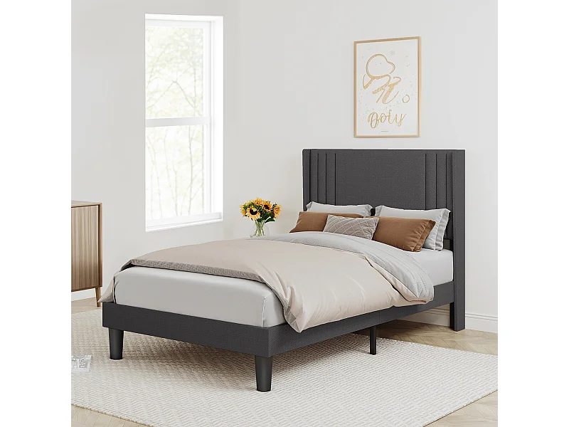 Lit Simple Capitonné 120 x 200 cm avec Tête de Lit pour Rangement Bealife Sommier à Lattes Tissu en Lin Lit Enfant Adolescent Gris Foncé