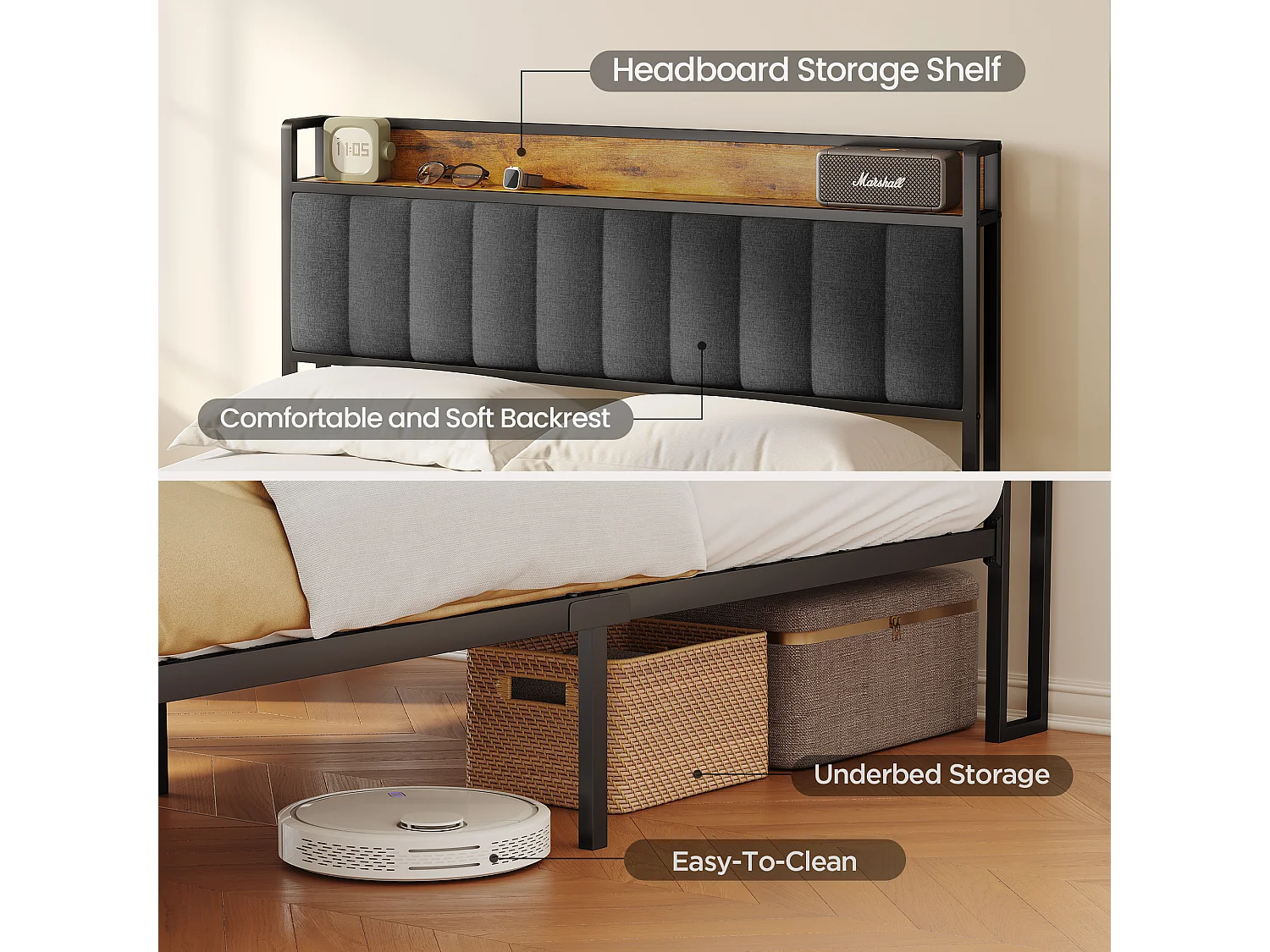 Lit Adulte 140 x 200 en Métal avec Tête de lit Capitonnée en Tissu pour Rangement Lit Double Bealife avec Sommier à Lattes Noir et Gris Foncé