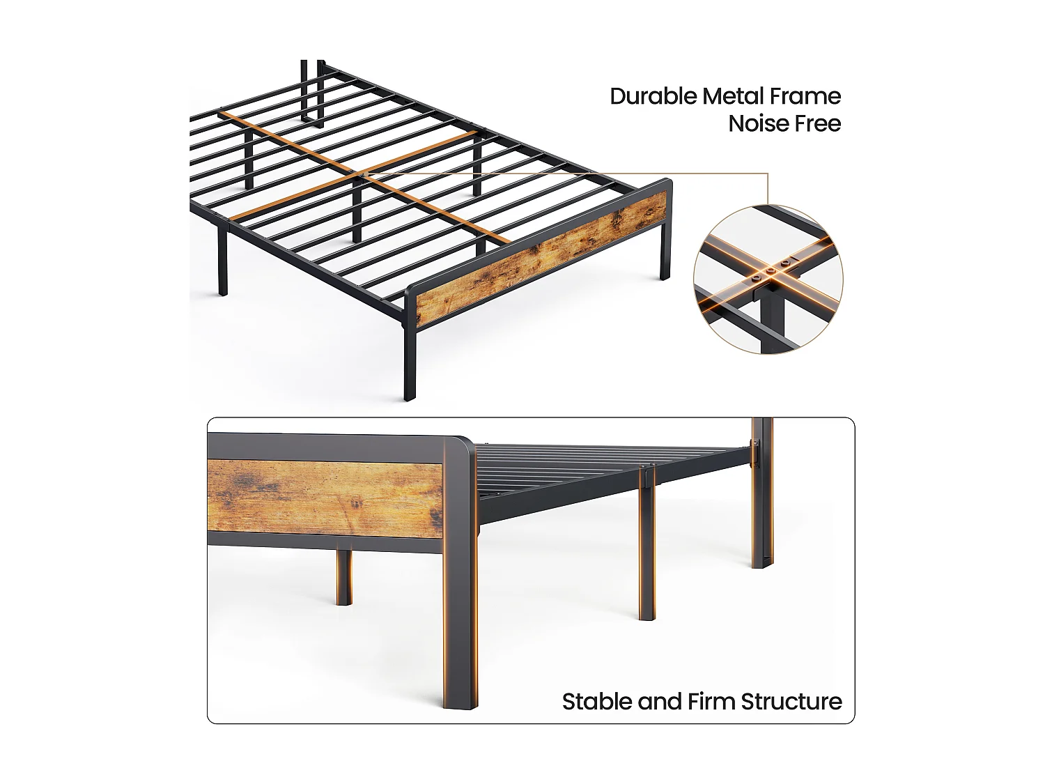 Lit Adulte 140 x 200 en Métal avec Tête de lit Capitonnée en Tissu pour Rangement Lit Double Bealife avec Sommier à Lattes Noir et Gris Foncé